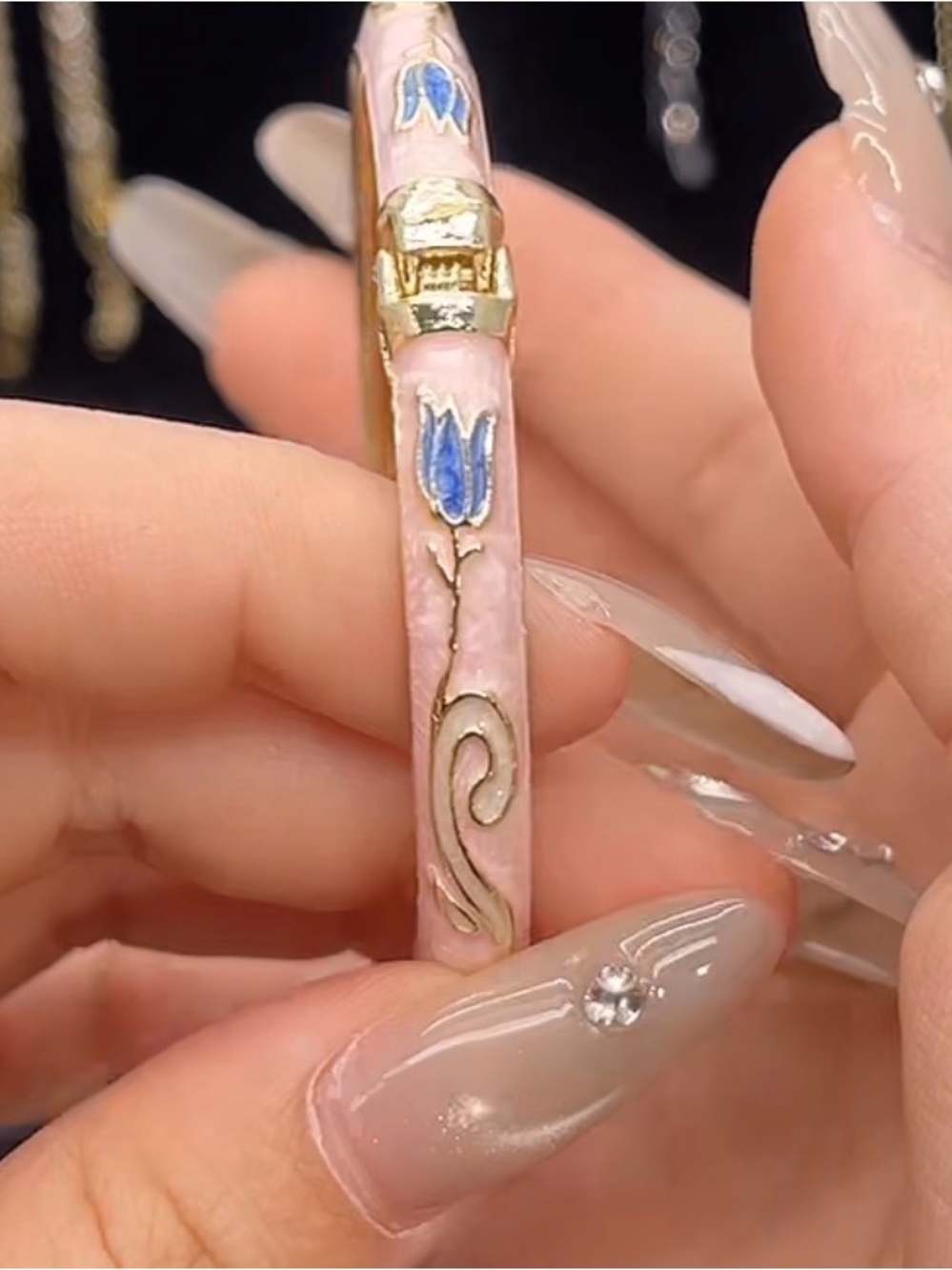 Gold Pink Enamel Floral Women's Bracelet - Blue Accents